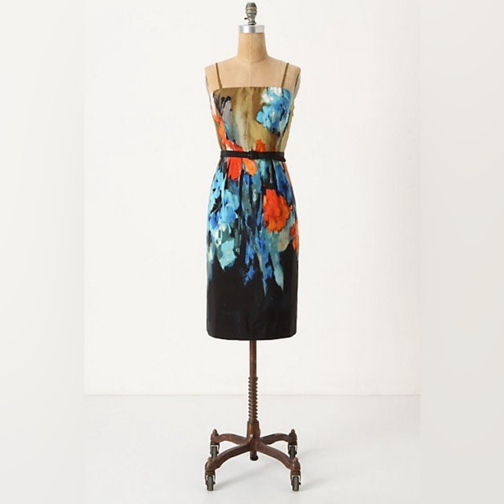 Moulinette Soeurs Strapless Floral Sheath Dress in Black, Blue and Orange